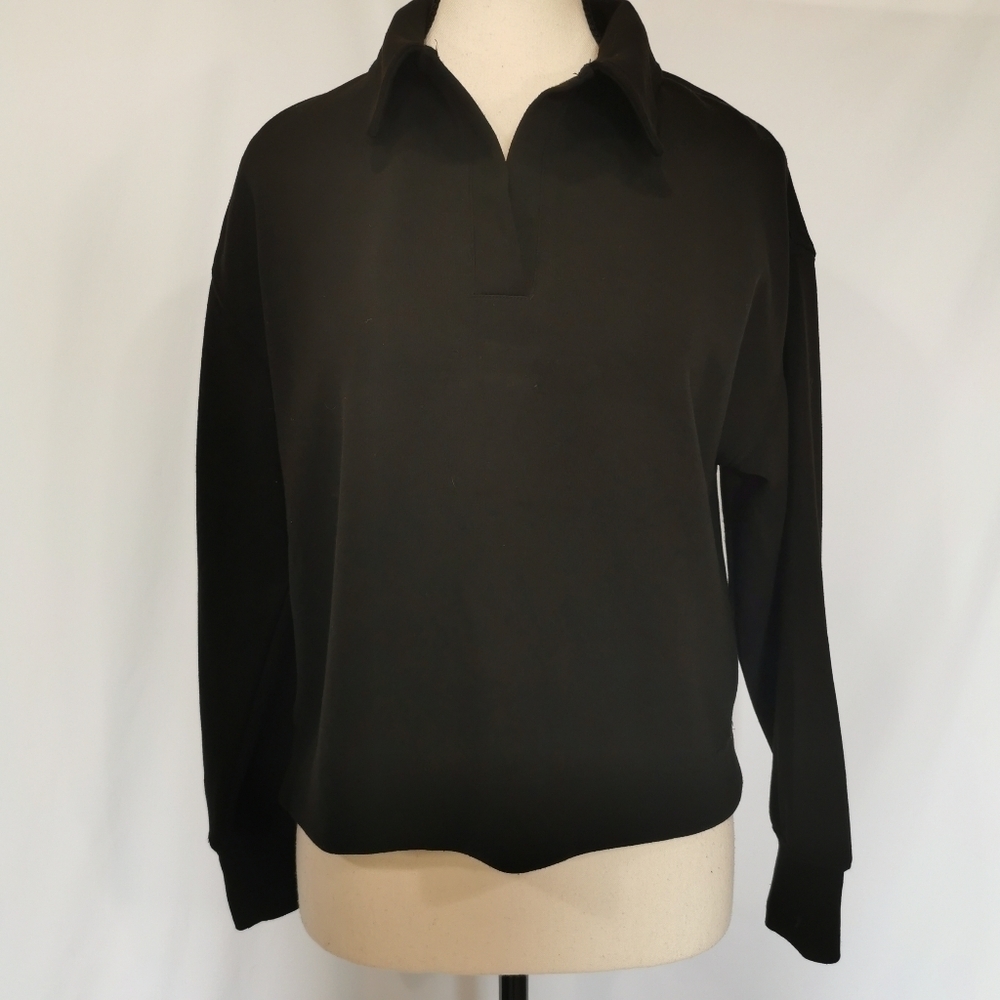 Magaschoni Long Sleeve Collared V-Neck Boxy Cropped Fleece Sweatshirt - Sz M